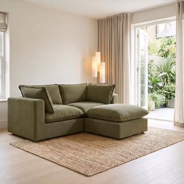 Furniturebox UK Echo Linen-Look Trim Fabric 2 Seater Modular Chaise Sofa in Green