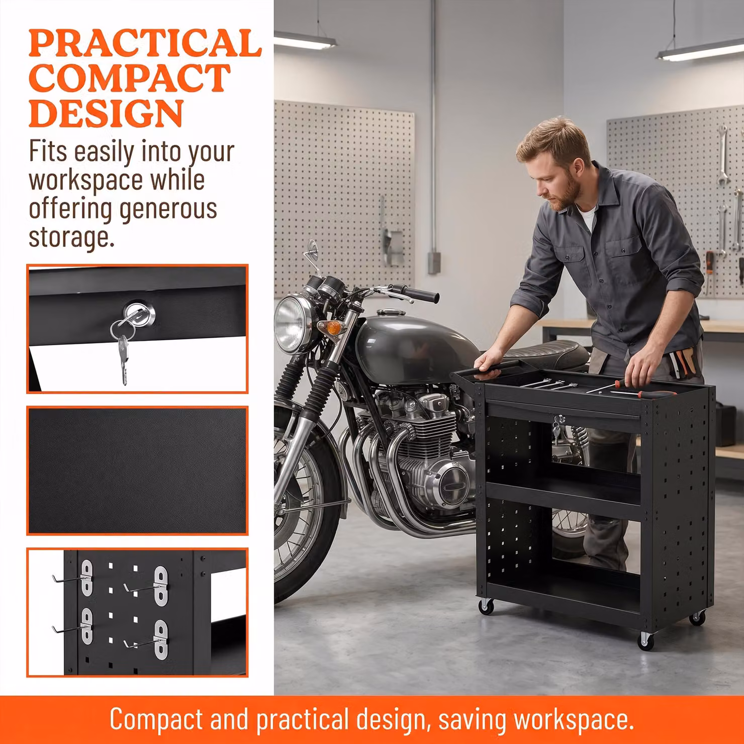 HOMCOM Black Steel Rolling Tool Cart with Lockable Wheels, 3-Tier Trays, Drawer and Pegboards, W/D/H: 78 x 35 x 90 cm – 6
