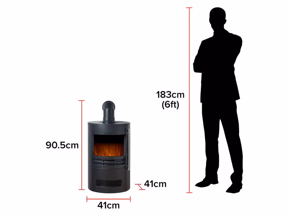 Adam Fires & Fireplaces Sureflame Dunston Round Metal Stove with Angled Stove Pipe in Black, W: 90.5 cm, D: 41.0 cm – 5