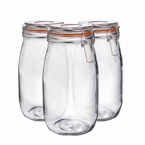 Argon Tableware Set of 3 Transparent Glass Storage Jars with Leakproof Stainless Steel Clip Lids, 1.5 l – 1