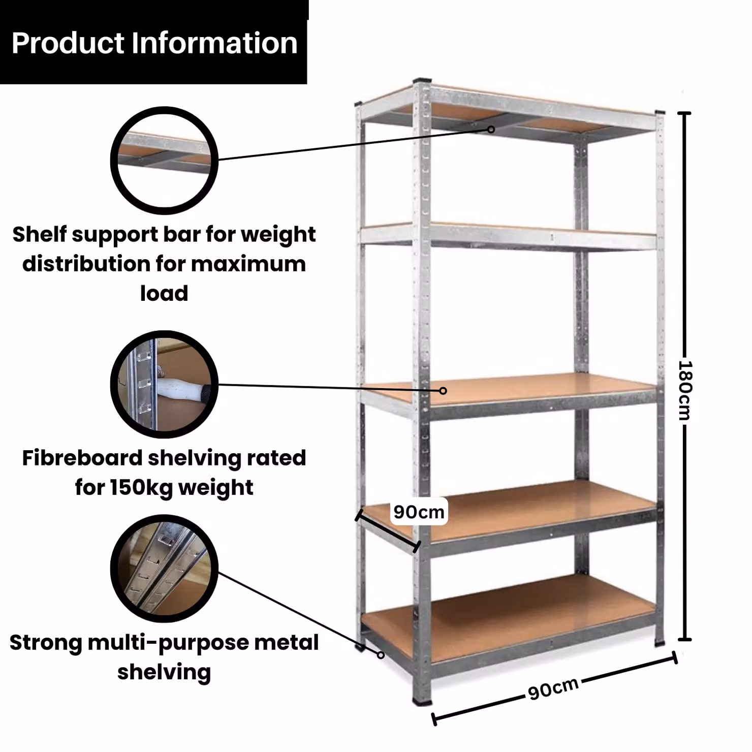 Samuel Alexander Set of 2 Heavy Duty 5 Tier Metal and MDF Storage Racking Units in Silver, W/D/H: 90 x 40 x 180 cm – 3