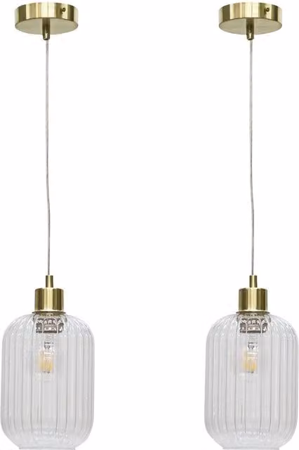 First Choice Lighting Batley Set of 2 Pendant Lights with Transparent Ribbed Glass and Satin Brass Fittings – 1