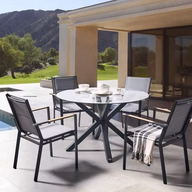 Wyld and Coco Round Garden Table with Black Aluminium Frame and Beige Glass Top, Diameter: 120 cm