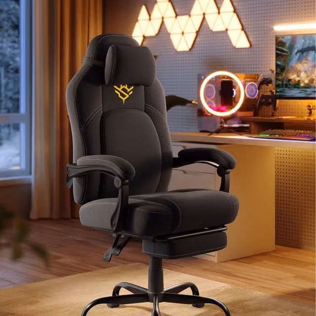 SONGMICS HOME Ergonomic Gaming Chair in Black and Gold Cotton-Linen Fabric with Headrest, Armrests and Castors