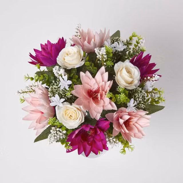 Homescapes Mixed Floral Bouquet with White Roses and Pink Lotus Flowers in Pink, White and Green