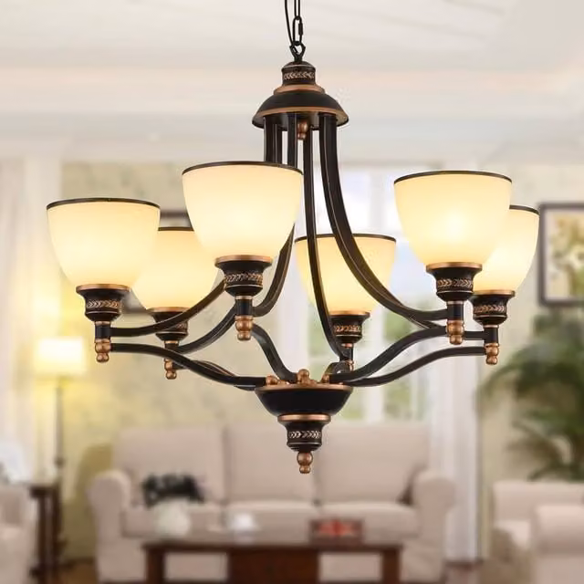 Garwarm 6-Light Vintage Candle Pendant Light in Black or Gold/Brass with Adjustable Height and Glass Shades – 1