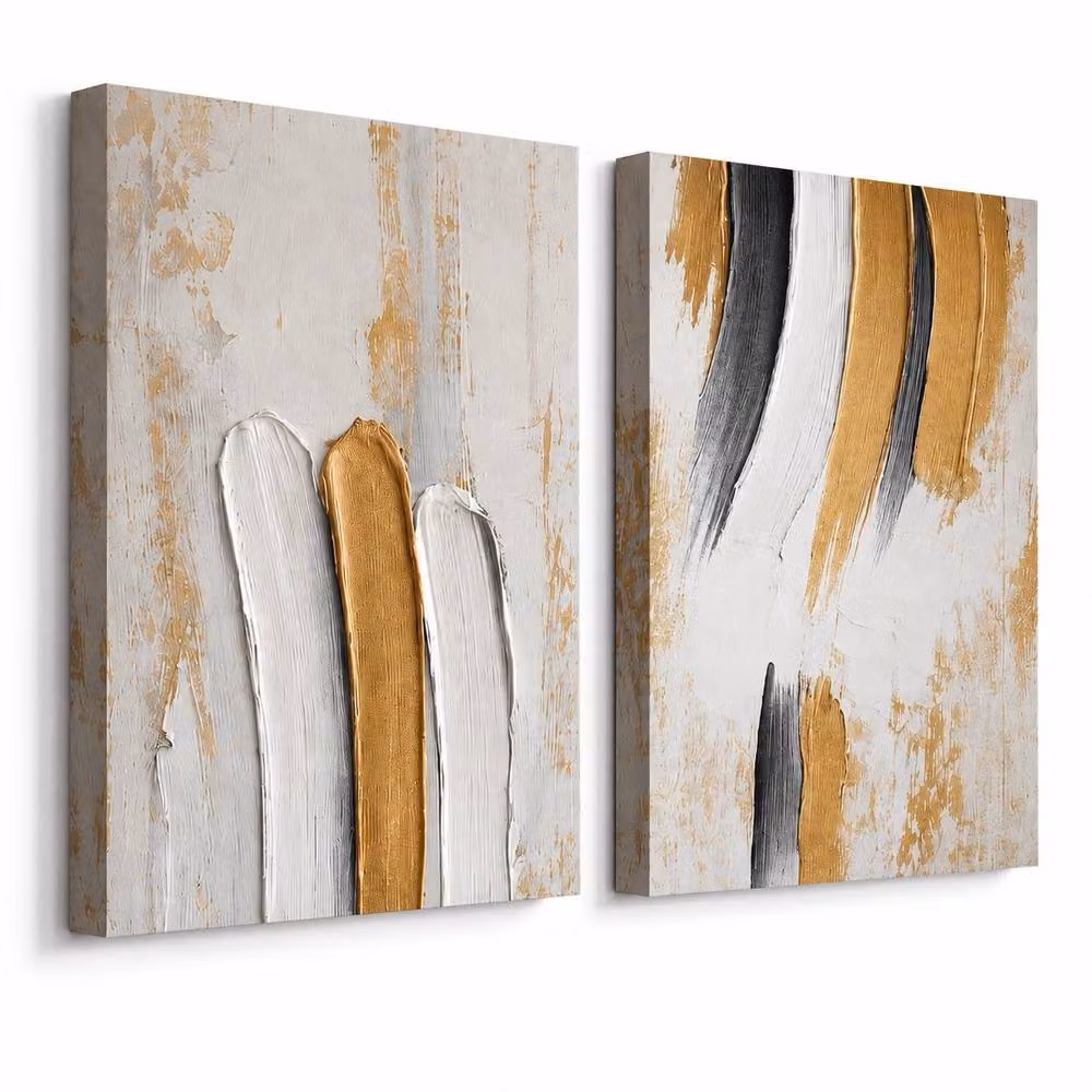 Mafett Set of 2 Abstract Minimalist Canvas Prints in Gold, White and Black, W: 45.7 cm, H: 60.96 cm – 2