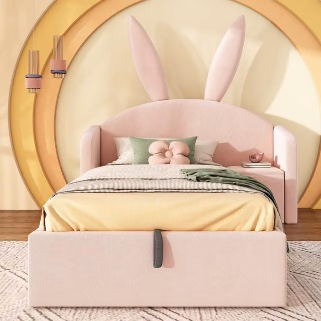 Merax Pink Velvet Bunny Ears Kids Ottoman Bed with Nightstand, W/D/H: 90 x 190 cm – 1