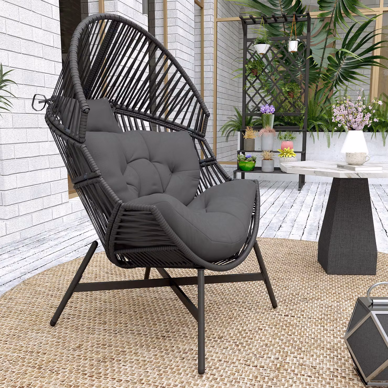 Outsunny Standing Rattan Egg Chair for Garden with Thick Cushions and Headrest, Charcoal Grey – 9