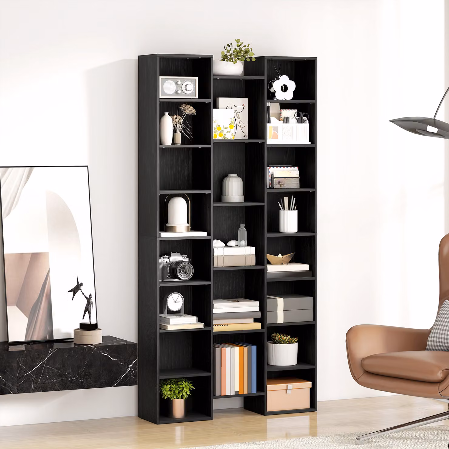 HOMCOM 21-Compartment Modern Black Wood Freestanding Bookshelf with Adjustable Shelves and Back Panel – 7