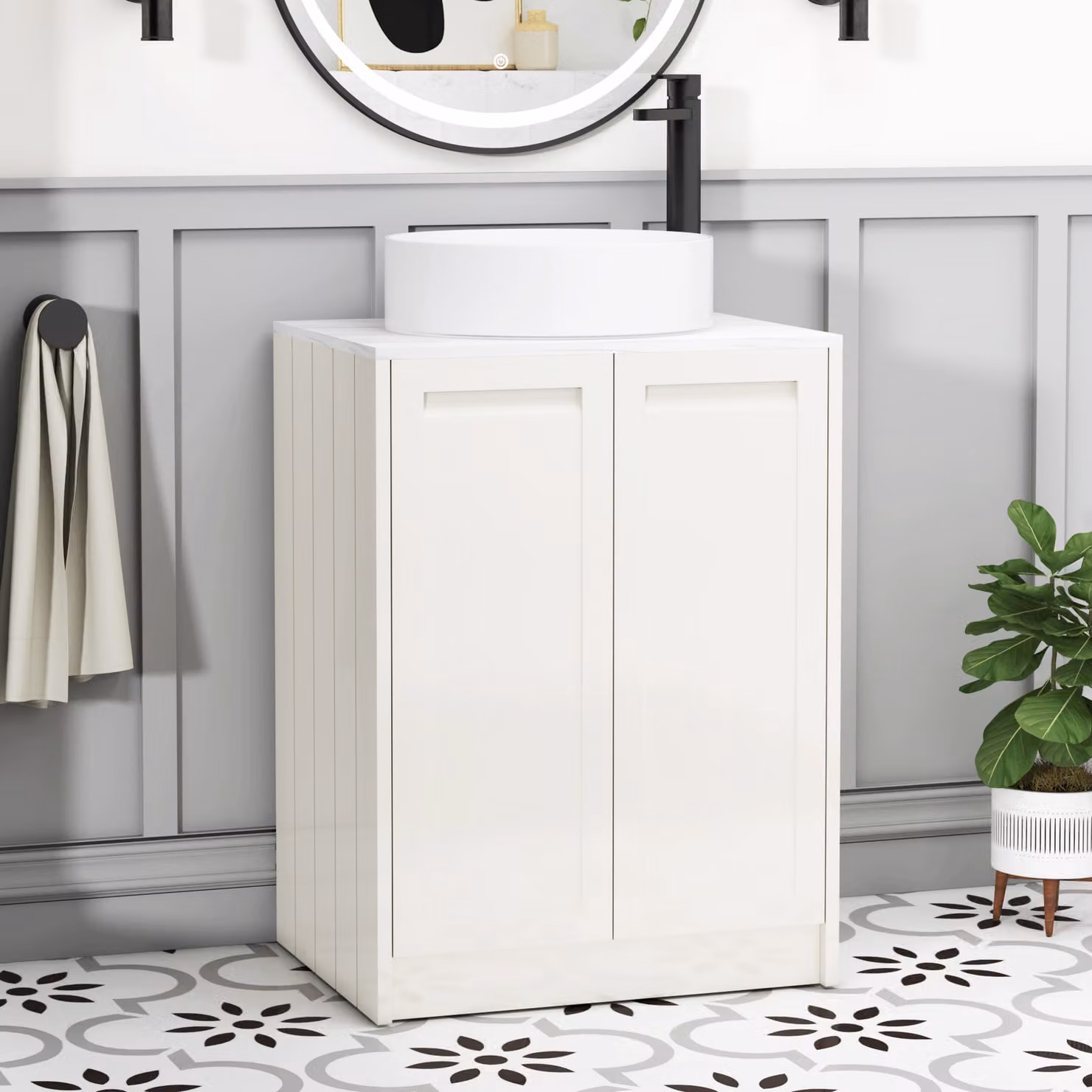 Royal Bathrooms Elmore 600mm Classic White Floor Standing 2 Door Vanity Unit with Carrara White Stone Worktop