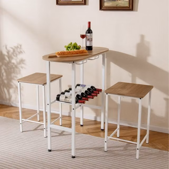 Costway 3 Piece Industrial Oval Dining Set with Table and 2 Stools in Brown