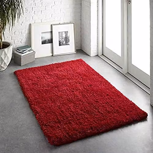 Phoenox Textiles Red Plain Modern Rectangular Polyester Rug