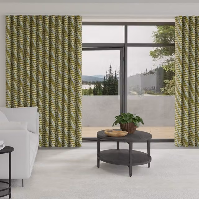 Orla Kiely Dog Show Made to Measure Wave Curtain in Green Cotton Blackout Fabric with Floral Animal Retro Design