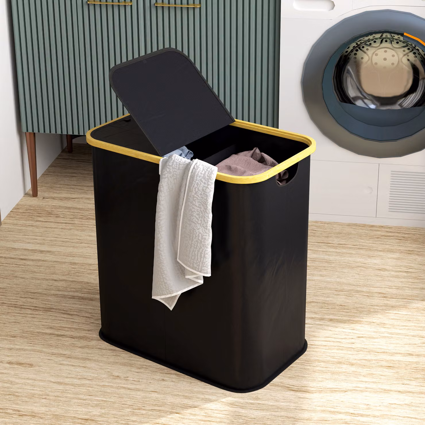 HOMCOM Double Collapsible Laundry Basket with Lid and Groove Handles, 80L, Black – 6