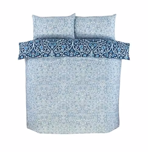 Rapport Home Harrow Reversible Floral Vintage Damask Microfibre Duvet Cover and Pillowcase Set, Blue, W/D/H: 135 x 200 cm and 50 x 75 cm – 3