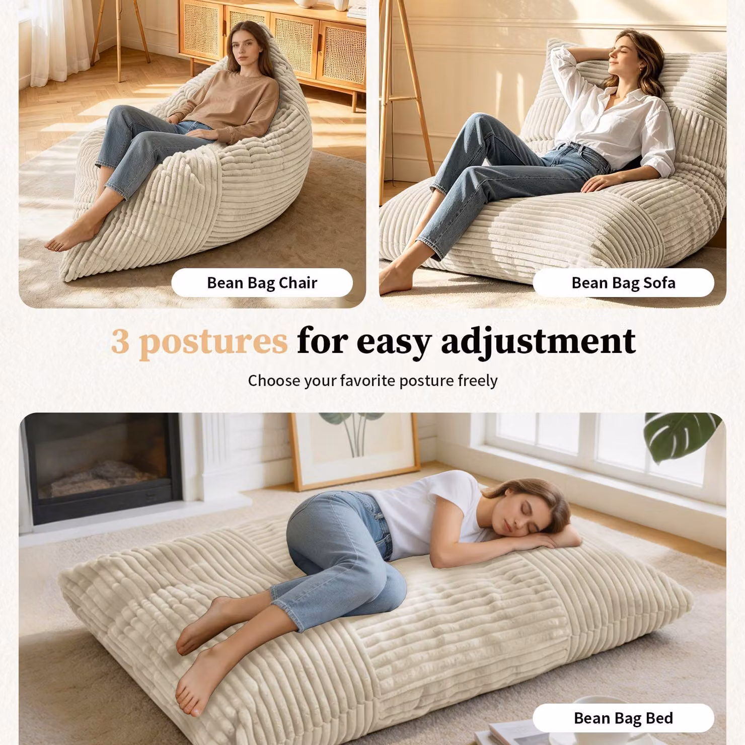 Aosom UK Convertible Bean Bag with Soft Ribbed Corduroy Cover and Shredded Memory Foam, White, W: 125 cm, L: 180 cm – 3