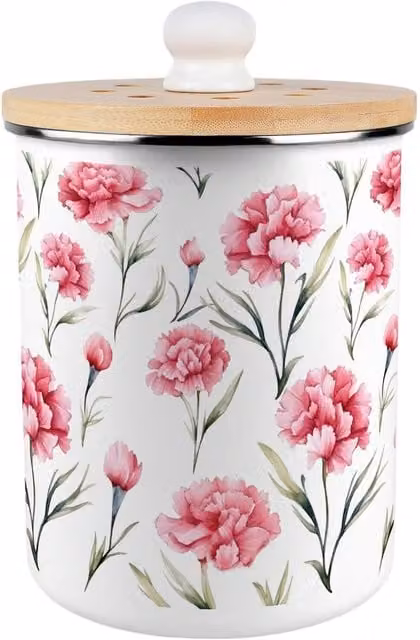 Purely Home Pink Carnations Metal Food Waste Caddy, 2L Capacity, Pink and White