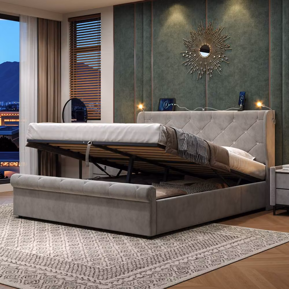Rolipo Double Upholstered Storage Bed Frame in Grey Velvet with Integrated Reading Light and USB Charging Port, W/D/H: 140 x 200 cm – 2