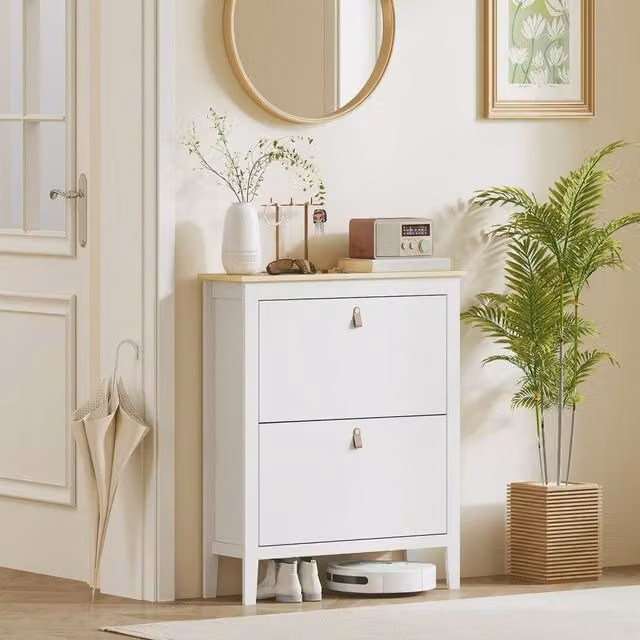 Wyld Haus Rimi White and Oak Wall Mounted Shoe Cabinet with Tilting Compartments and Internal Shelves W/D/H: 80 x 24 x 95.5 cm