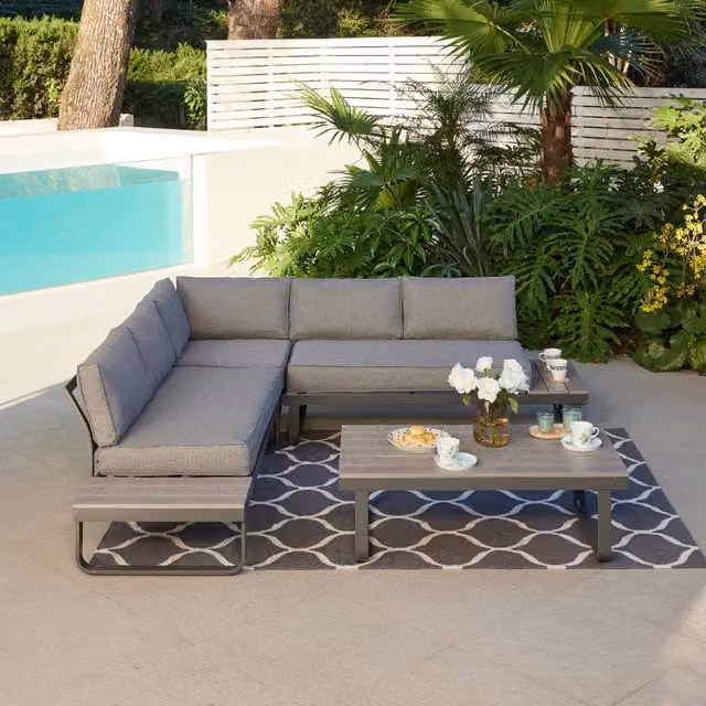 Home Detail Bali Grey Garden Corner Lounge Set with Built-in Tables