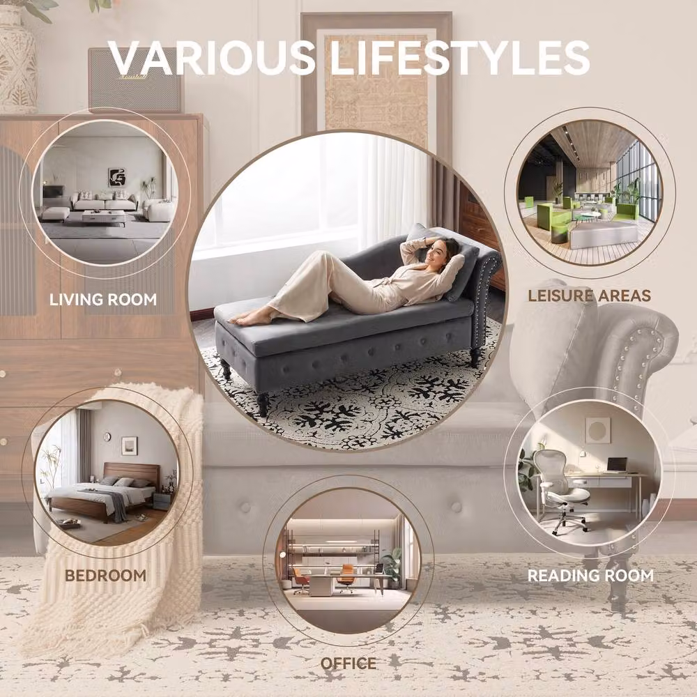 Matteo Velvet Chaise Lounge Sofa with Storage, Grey – 4