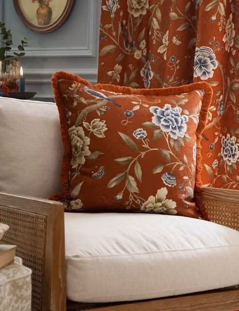 Sanderson Porcelain Floral Chenille Garden Cushion in Brown Mix