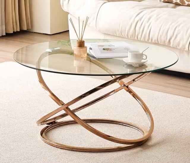 Comfy Living Ltd Round Abstract Tempered Glass Coffee Table with Gold Chrome Effect Metal Base