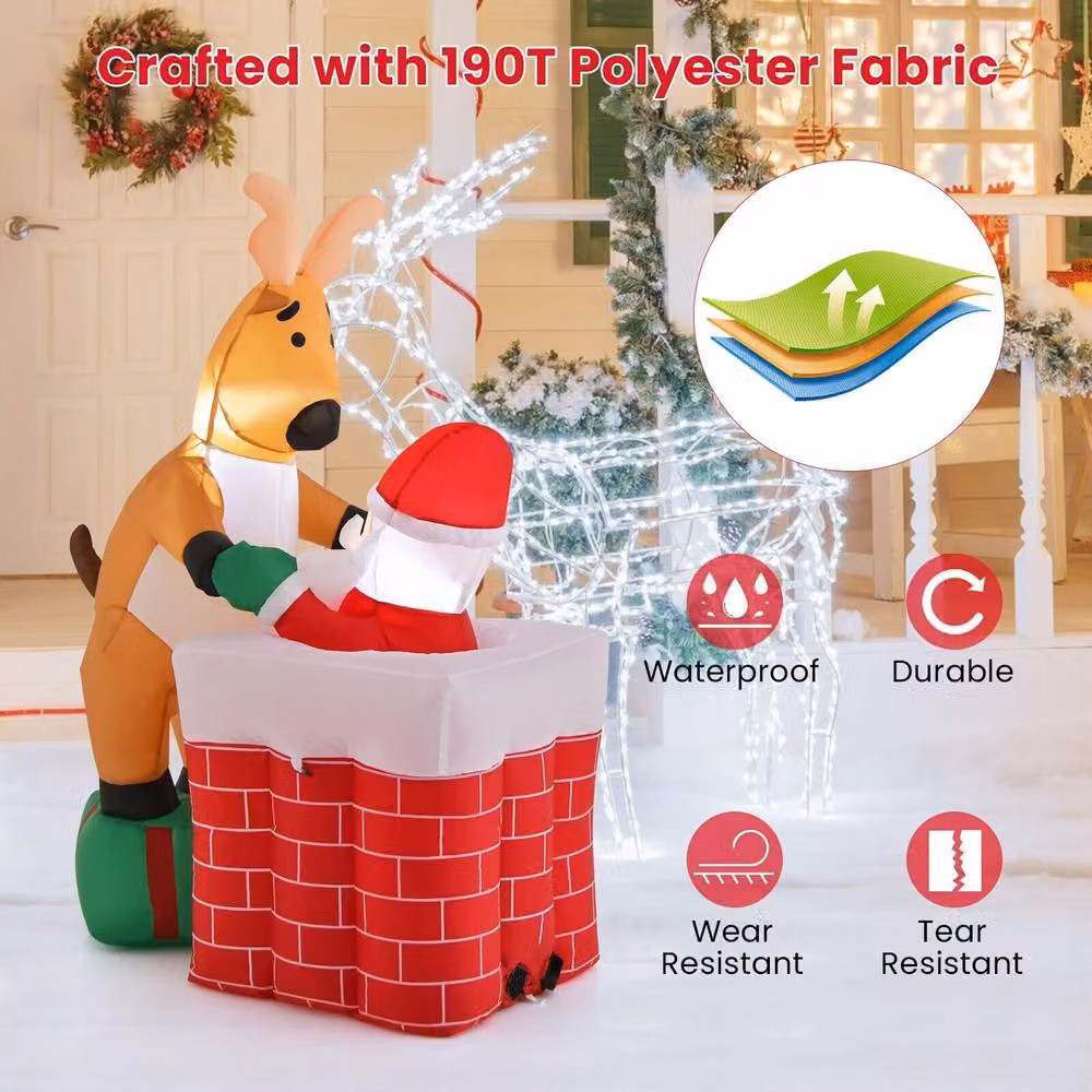 Gymax Inflatable Santa Claus Climbing Chimney with Reindeer Christmas Decoration in Red and Multicolour – 6