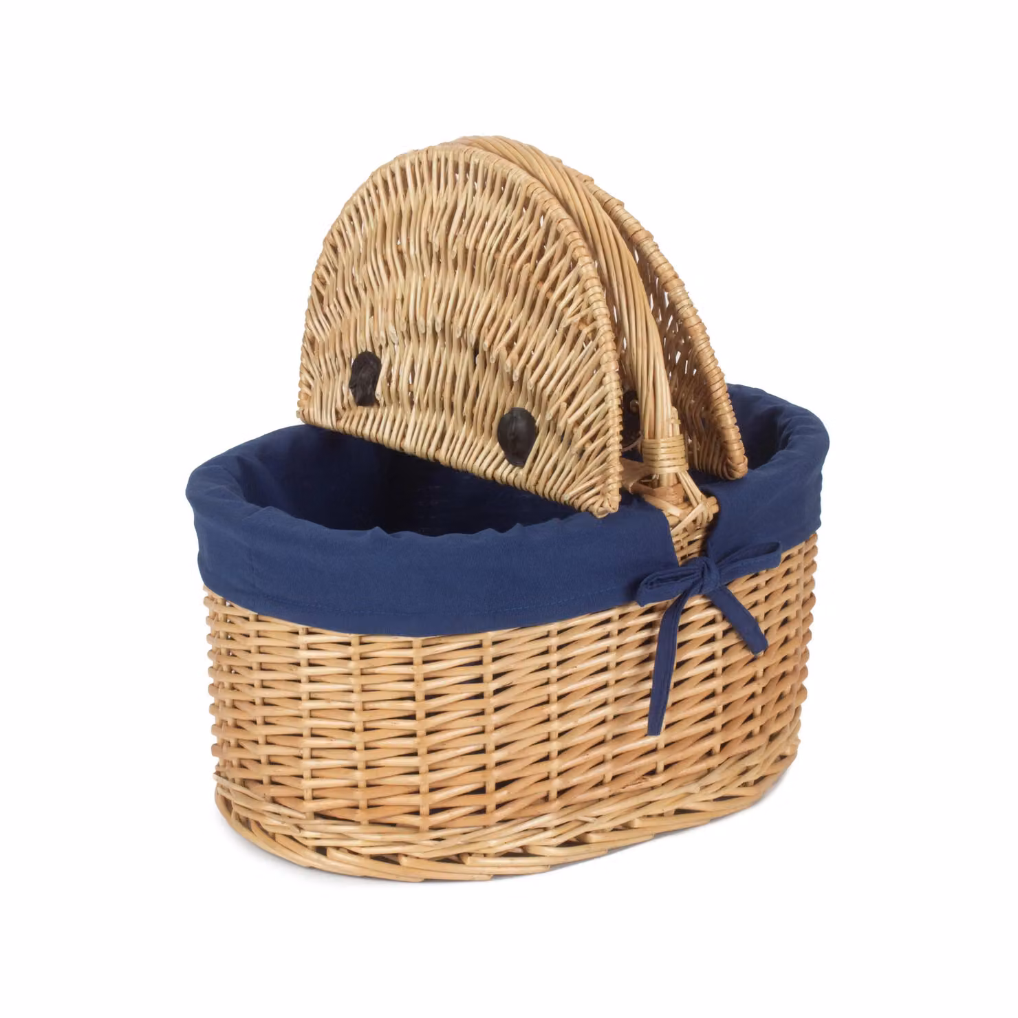 Red Hamper Oval Lidded Wicker Picnic Shopping Basket with Navy Blue Lining in Brown and Blue – 2