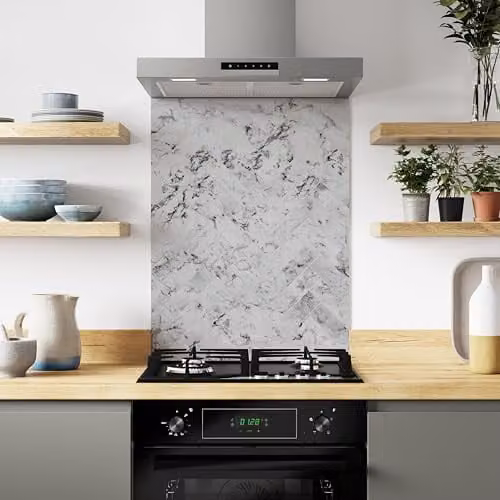 Bushboard Marble Look Herringbone Kitchen Splashback Panel, White Aluminium, W: 600 mm, H: 800 mm – 1