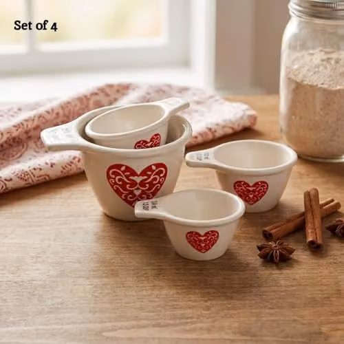 Orsina Ceramic Heart Measuring Cup Set with Printed Scale, Nesting Design in Red, Beige and White – 2