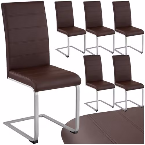 tectake Set of 6 Bettina Dining Chairs in Brown with Synthetic Leather and Metal Cantilever Base – 1
