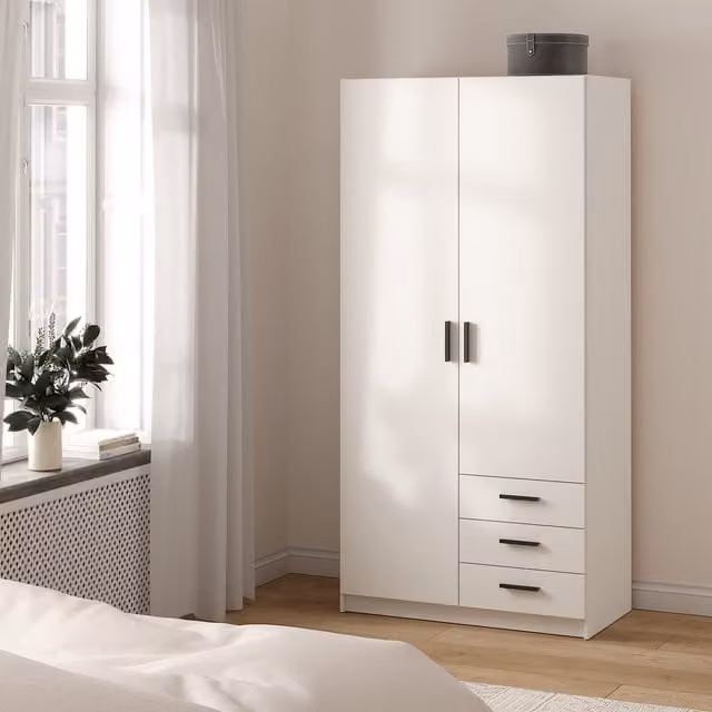 Furniture To Go Sprint Wardrobe with 2 Hinged Doors and 3 Integrated Drawers in Matt White