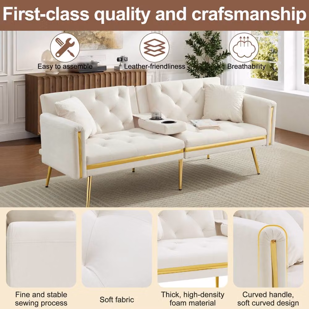 Merax White Velvet Sofa Bed with Gold Trim and Fold-Down Cup Holders, W/D/H: 174 x 76 x 71.5 cm – 3