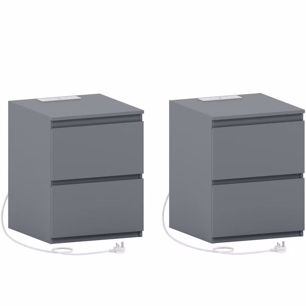 Vida Designs Denver 2 Drawer Large Bedside Chest with Power Outlet, Set of 2, Grey – 2