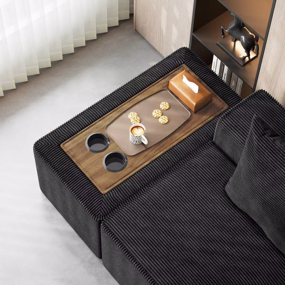 Dprodo Black Corduroy Right L-Shaped Modular Sofa with Cup Holder Table and Scatter Cushions, Width: 320 cm – 5