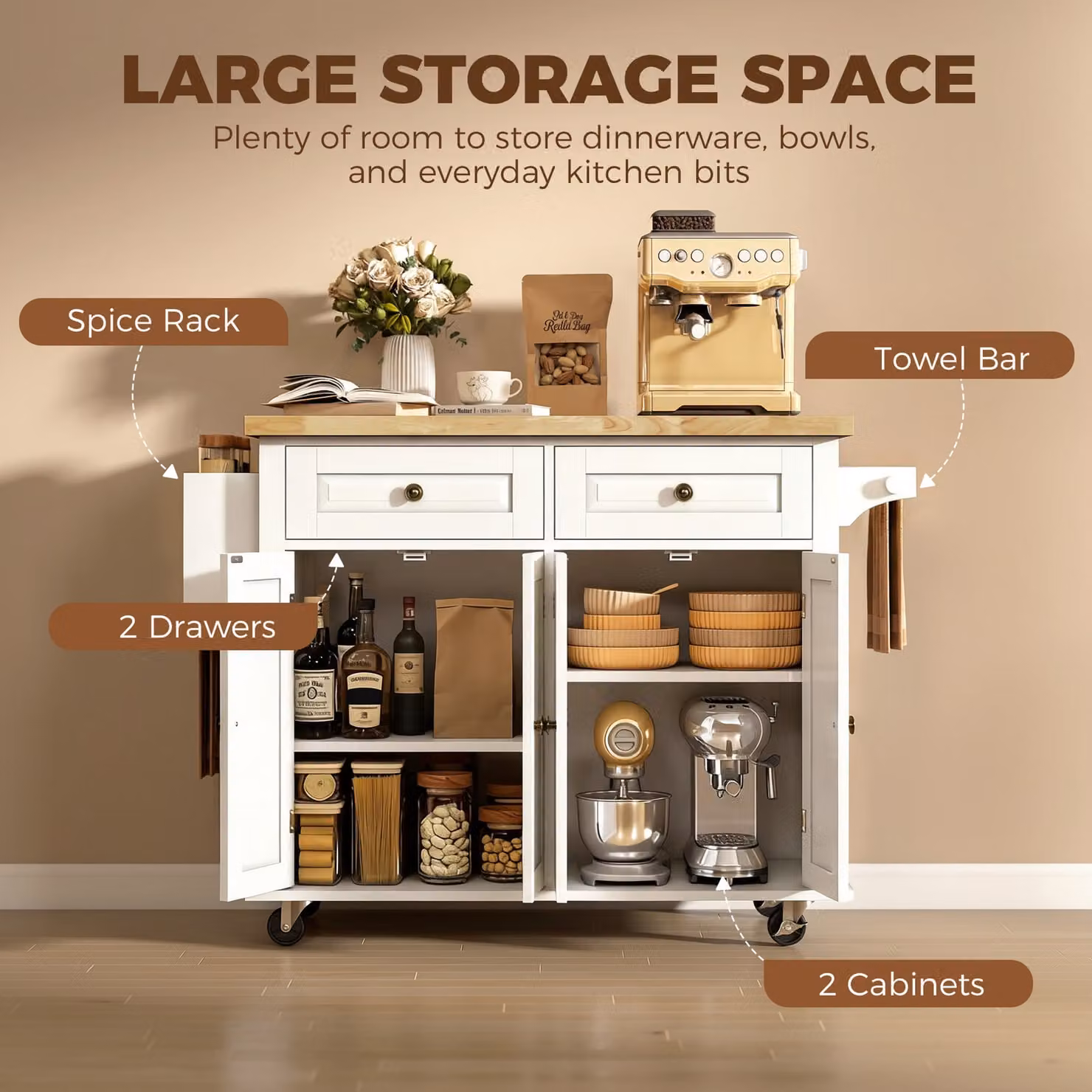 HOMCOM Rolling Kitchen Island Trolley with Rubberwood Top and Drawers, White – 5