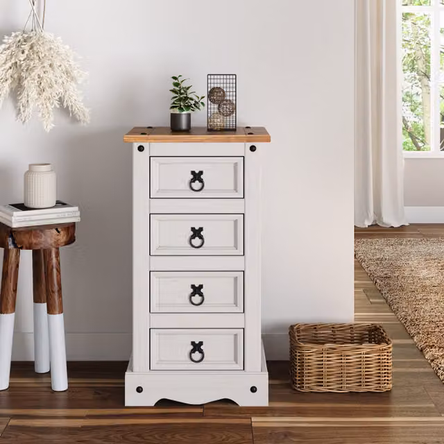 Mercers Furniture Corona Narrow 4 Drawer Bedside Cabinet in Distressed White Wax Solid Pine Wood