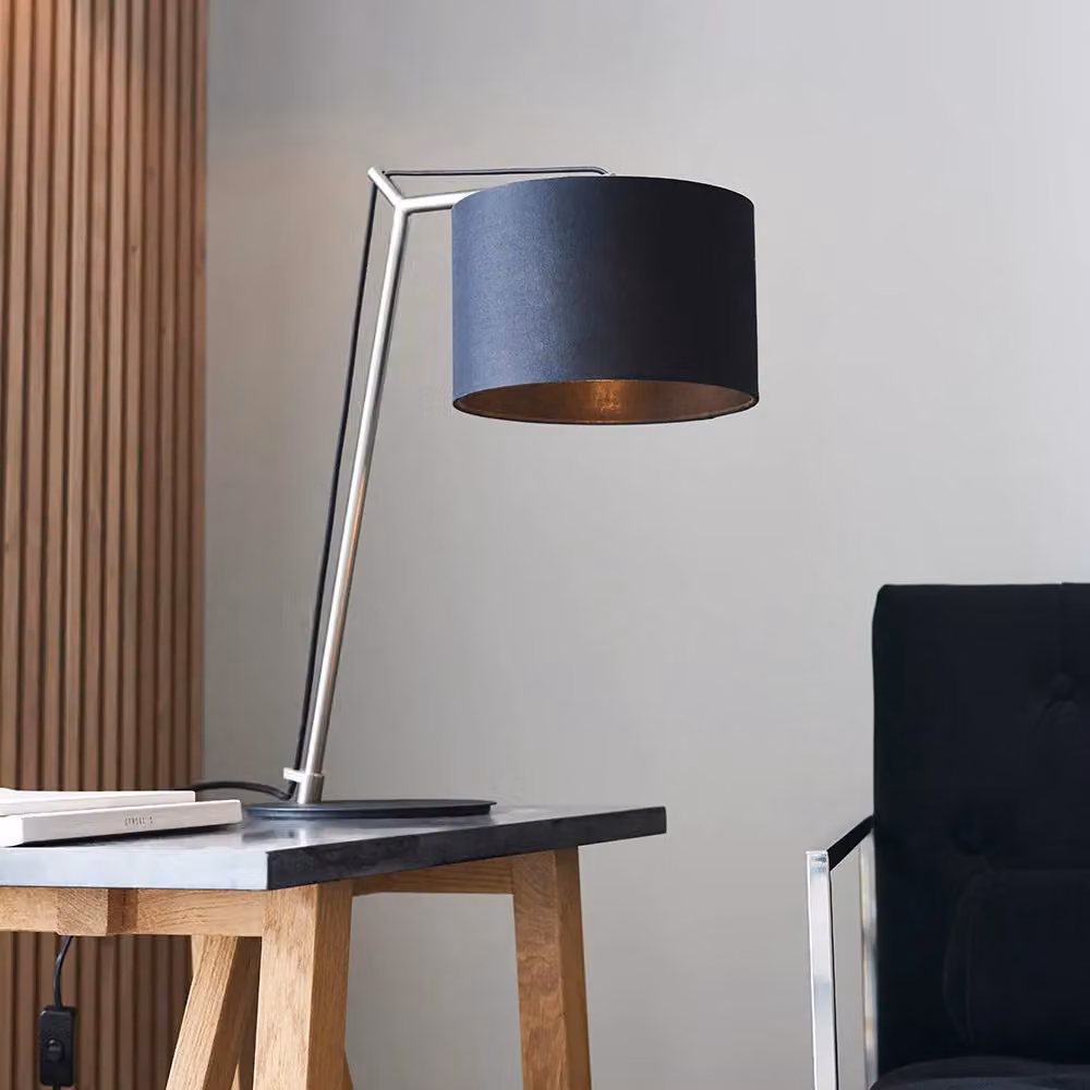 Loops Nickel Plated Angular Table Lamp with Black Base and Fabric Shade in Silver and Black – 3