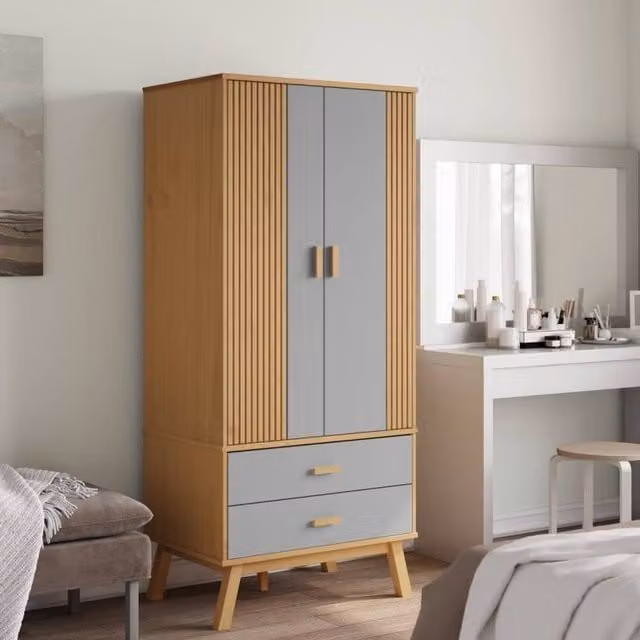 Berkfield Home Olden Wardrobe in Grey and Brown Solid Pine, W/D/H: 76.5 x 53 x 172 cm