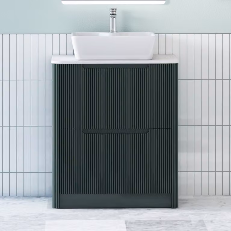 Royal Bathrooms Avenza Moss Green Floor Standing Vanity Unit with 2 Drawers, Plain White Worktop and Cube Basin