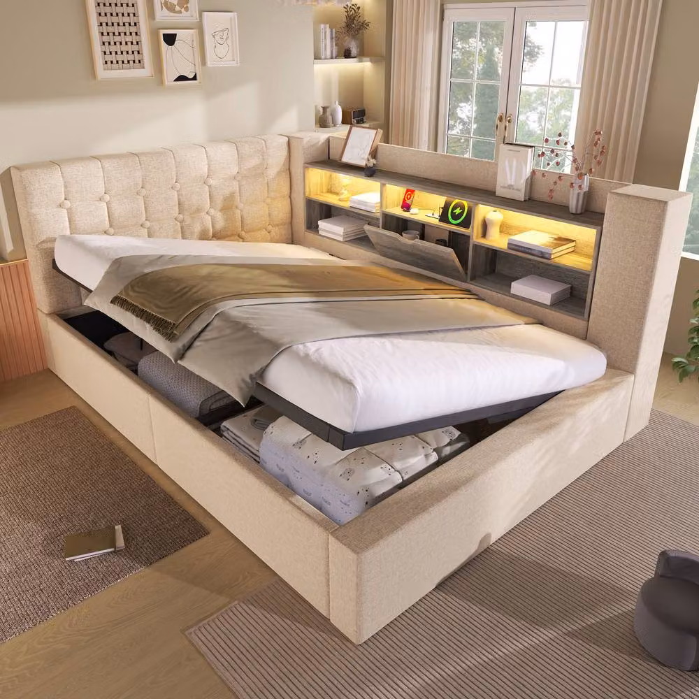 Rolipo Double Upholstered Daybed with Hydraulic Storage, LED Lighting and USB Charging Port, Beige, W/D/H: 140 x 200 cm – 5