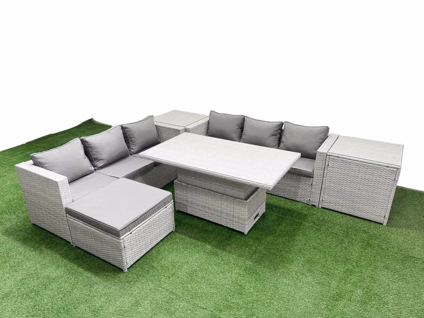 Fimous 6 Piece Rattan Dining Set with 3 Seater Sofa and Rising Table in Light Grey – 2