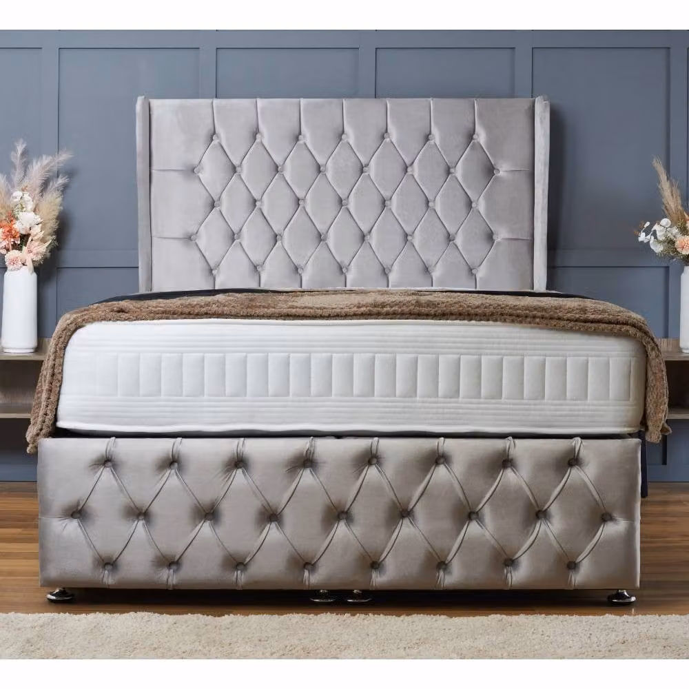 BSSPOKE Bella Ottoman Divan Bed with Mattress in Blue Plush Velvet, W/D/H: 180 x 200 cm – 1