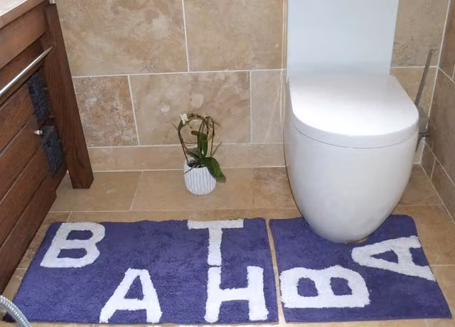 Rapport Home Text 2 Piece Cotton Bath Mat and Pedestal Mat Set in Purple, W/D/H: 80 x 50 x 2 cm
