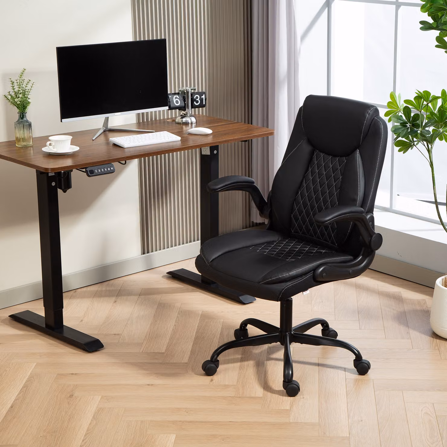 HOMCOM Black Faux Leather Office Task Chair with Flip-Up Armrests and Headrest – 2