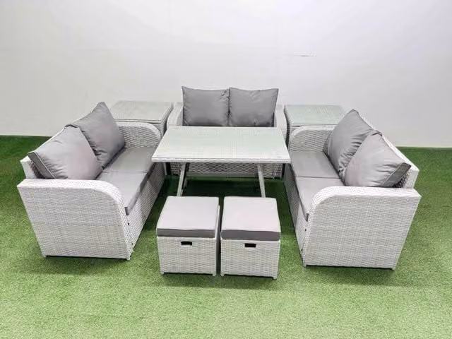 Fimous 8-Seater Patio Set with Rectangular Table, Love Sofa and 2 Side Tables in Light Grey