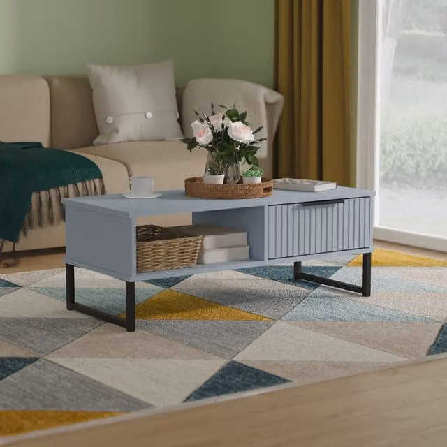 2 U Menai 1 Drawer Coffee Table in Light Blue and Black with Metal Sled Base