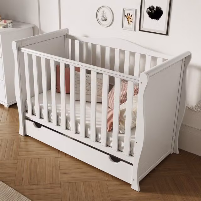 Viculii Willow White Sleigh Mini Cot Bed with Drawers and Drop Side, White, 120 x 60 cm